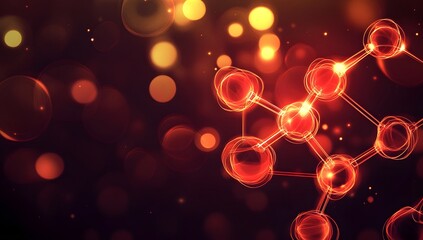 Red glowing molecule on dark bokeh background