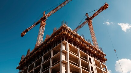 Cranes building skyscraper against blue sky