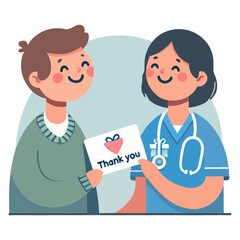 Fototapeta premium Happy Patient Receiving Thank You Card From Smiling Female Doctor in Blue Uniform