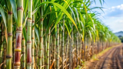 Close-up of sugarcane with a plantation in the background, field, environment,  field, environment, scenery, crop