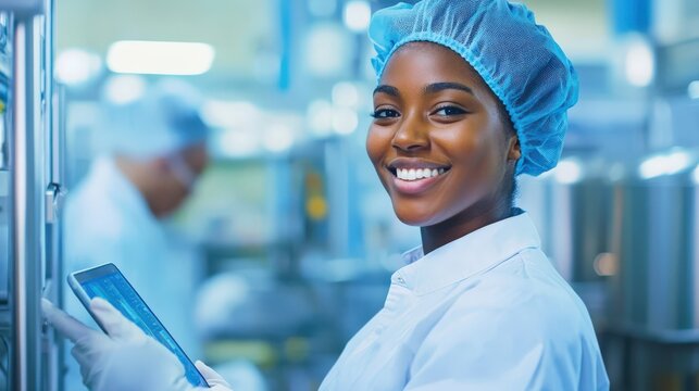 Smiling female worker uses tablet in a clean factory setting