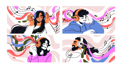 Fototapeta premium Listening to music, set. Happy people in headphones enjoying song, melody, sound, playing audio track, banners. Characters in head phones with soundtrack, tune, playlist. Flat vector illustration