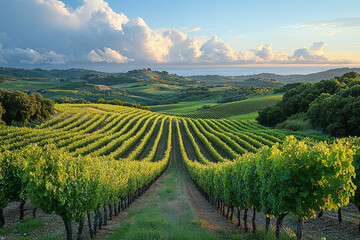 Naklejka premium Rolling Tuscan Vineyards Under a Dramatic Sky at Golden Hour