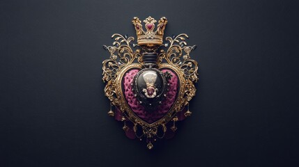 A gold crown and heart-shaped emblem with a black and gold design.