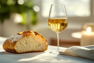 Classic wine and bread pairing with soft lighting and a rich color palette, evoking a cozy dinner setting, vintage aesthetic, book illustration style