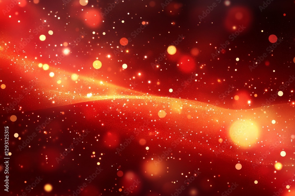 Poster bright red and orange cosmic background with sparkling stars and swirling patterns creating an ether