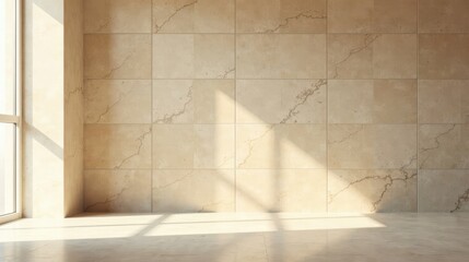 Sunlit Interior Corner with Beige Tiled Wall and Bright Floor Featuring Natural Light and Shadows