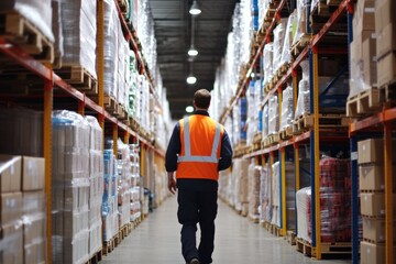 A warehouse worker navigates through orderly shelves, highlighting the organized layout of goods within a storage space.