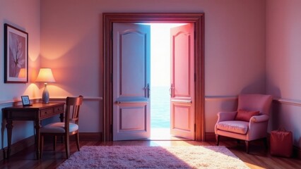 Serene Room with Open Door Revealing a Bright, Tranquil Seascape, Illuminated by Soft Evening Light, Featuring Elegant Furnishings and a Peaceful Atmosphere