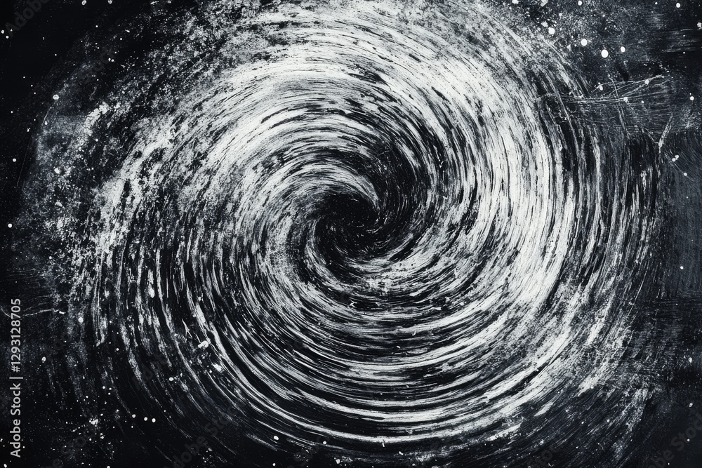 Poster swirling black and white pattern on a dark surface creating an abstract vortex effect with textured 