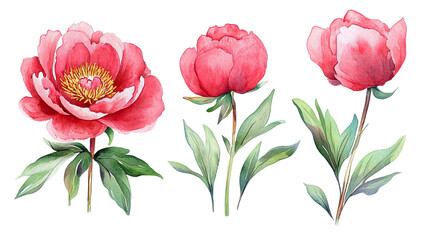 Fototapeta premium Watercolor Red Peonies Flowers with Green Leaves on Transparent Background