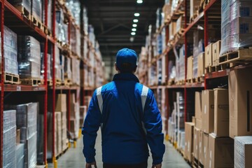 Obraz premium A warehouse employee in a blue uniform walks through organized shelves, indicating structure and professionalism.