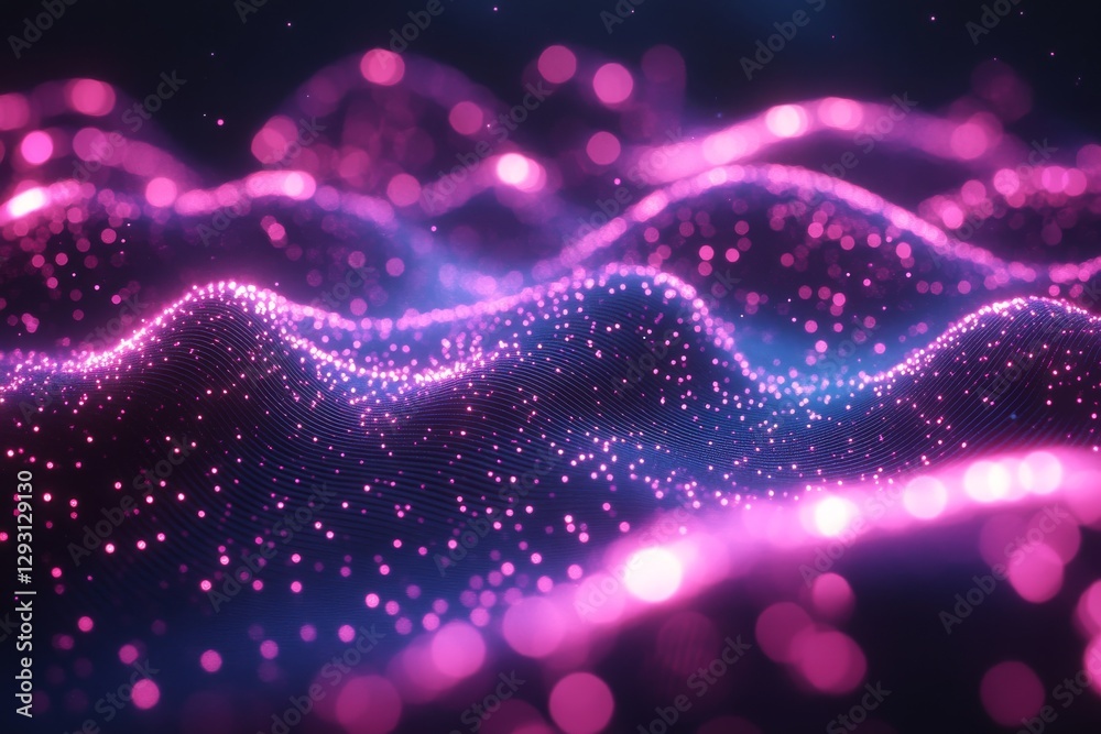 Poster vibrant wave patterns illuminated by colorful particles create a mesmerizing visual experience in a 