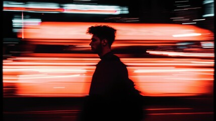 Man walking through city at night with motion blur