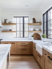 The Modern Kitchen Has Open Shelves And A Bright Design