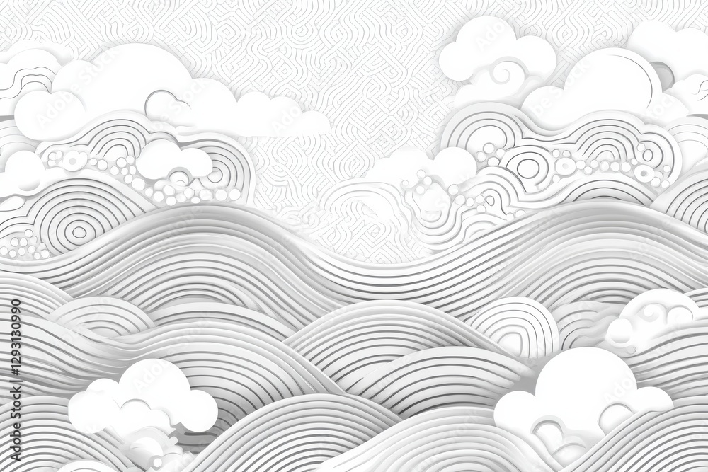 Poster intricate paper layers create a serene ocean wave pattern with clouds against a textured background