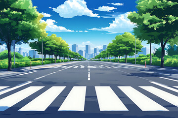 Anime Style background City Street with Crosswalk and Skyline
