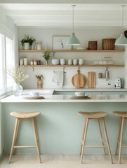 A Simple Modern Kitchen Displaying a Counter and Stools