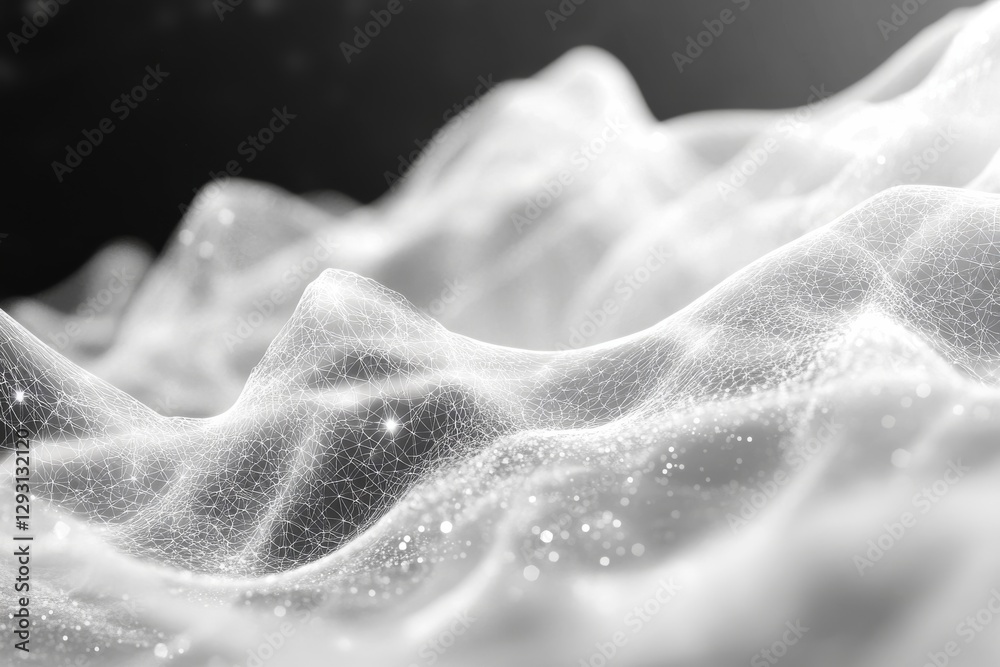 Poster abstract representation of digital waves in monochrome with glowing textures and intricate patterns