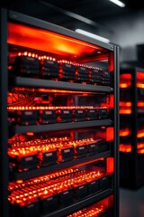 Server Rack with Red Lights in Data Center