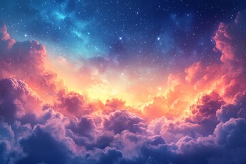 Fototapeta premium Vibrant sunset sky with colorful clouds illuminated by stars in twilight hours