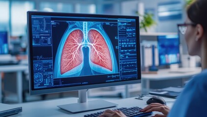Doctor examines lung X-ray in modern clinic