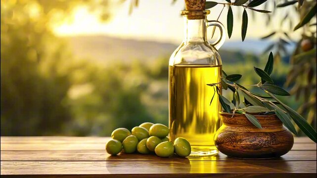 Glass bottle with olive oil, olive branch on wooden table. Beautiful blurred background of nature, olive plantation, place for text. Natural oil advertising mockup