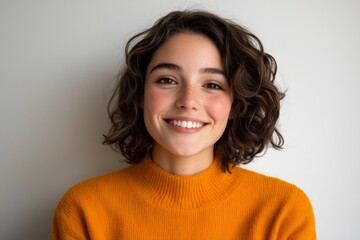 Fototapeta premium Young woman with curly hair smiles against a white background