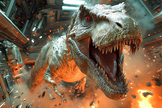 A monstrous Indominus Rex smashes through a reinforced fence, symbolizing power and danger