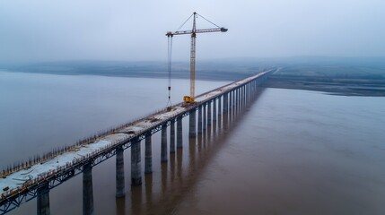 Obraz premium Aerial View of an Incomplete Bridge Under Construction with Crane Over River Landscape
