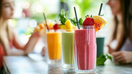 School cafeteria with students sipping fruit smoothies. Featuring fresh fruits, yogurt, and juice