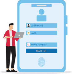 Online registration and sign up concept. A man signing up or login to online account with user interface