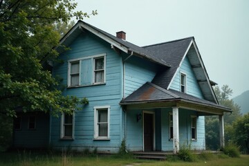 A weathered blue farmhouse stands serenely amidst lush greenery, its aged facade hinting at stories untold, a testament to time's gentle touch on rural architecture.