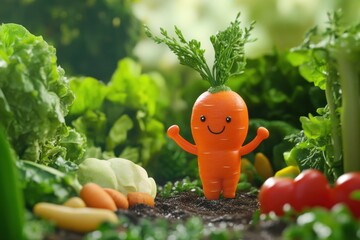 Cute carrot character surrounded by fresh vegetables in a vibrant garden setting during daylight