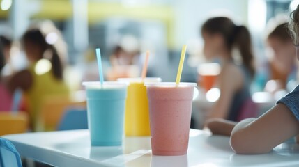 School cafeteria with students sipping smoothies in vibrant colors. Featuring fruits and protein