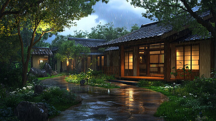 A photorealistic Japanese Western fusion country house, showcasing architecture and design