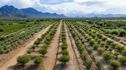 Rows of young trees, arid land, distant mountains.