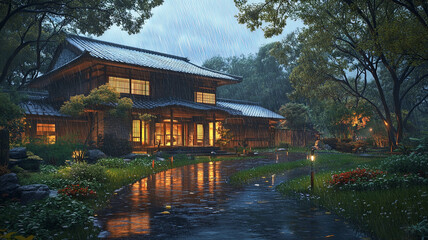 A photorealistic Japanese Western fusion country house, showcasing architecture and design