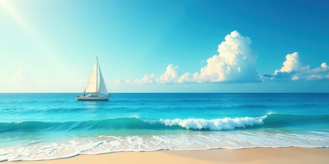 Fototapeta premium Serene Seascape A sailboat glides peacefully across the tranquil turquoise ocean, gentle waves lapping a pristine sandy shore under a brilliant sunny sky dotted with fluffy white clouds.