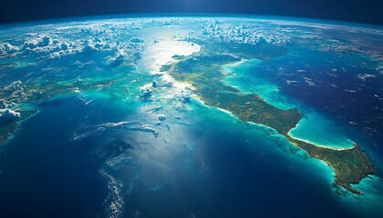 Earths Surface Displaying Land Water Clouds And Atmospherical Light