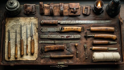 A historically detailed battlefield surgeon’s kit from the Napoleonic Wars, featuring a collection of antique surgical tools with wooden handles and aged steel blades, neatly arranged in a weathered l