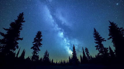 Obraz premium Vast night sky filled with stars and the Milky Way over a forested landscape