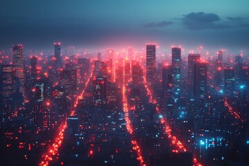 Obraz premium Stunning skyline view at dusk showcasing vibrant city lights and busy streets