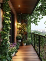 Modern balcony featuring greenery and outdoor lighting