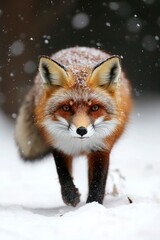 Fototapeta premium Red Fox Walking Through Snowy Winter Forest