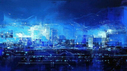 Futuristic cityscape at night, illuminated by glowing blue digital circuits, overlayed with abstract, hazy textures.