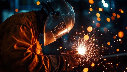 Welder Working with Sparks in Industrial Setting at Night