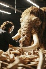 Artist Detailing Woolly Mammoth Sculpture in Workshop