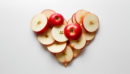 Heart-shaped apple display kitchen table food art bright lighting top view creative culinary concept