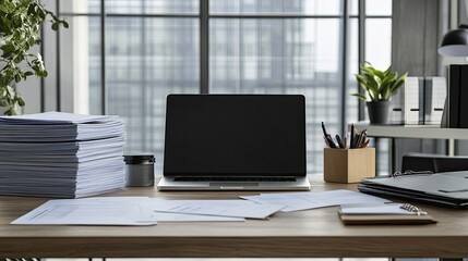 Fototapeta premium A clean desk with a stack of business files, a laptop, and financial documents, representing profit-oriented strategies.